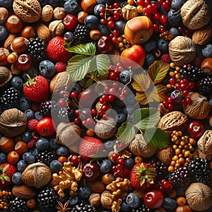 AI generated illustration of assorted fruits and nuts background with berries