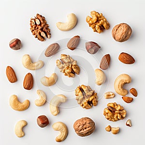 AI-generated illustration of assorted nuts like walnuts, cashews, almonds, and hazelnuts