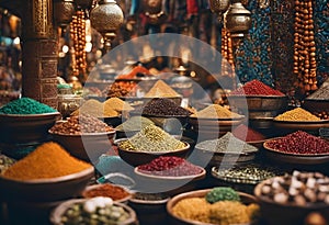AI generated illustration of an assortment of spices is on display in an open-air market photo