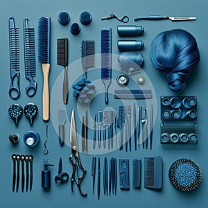 AI generated illustration of an assortment of tools for hairstyling on a blue background