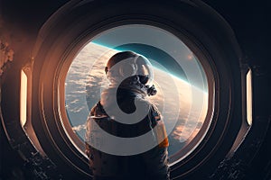 AI generated illustration of Astronaut gazing out a viewport on a spacecraft