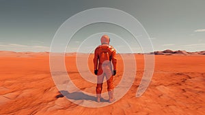 AI generated illustration of an astronaut in an orange spacesuit on a red planet