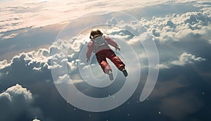 AI generated illustration of an astronaut in red space suit and sunglasses floats above clouds