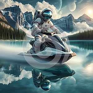 AI generated illustration of an astronaut riding a jet ski