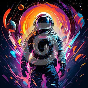 AI-generated illustration of an astronaut standing against a vibrant cosmic background