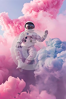 AI generated illustration of an astronaut in white suit floating in pink clouds and smoke