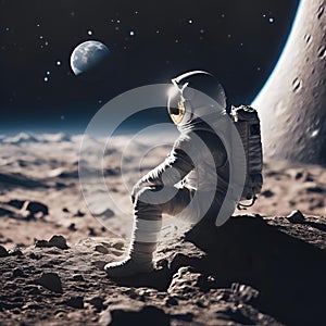 AI generated illustration of an astronaut who sits on the moon and looks down at the earth