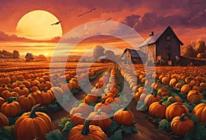 AI generated illustration of an autumn scene featuring a sprawling pumpkin patch with a rustic barn