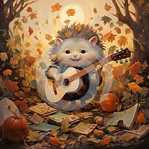 AI generated illustration of an autumnal scene of a hedge dressed as a musician playing a guitar