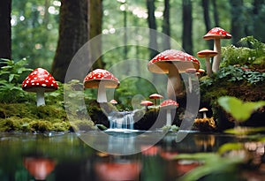 AI generated illustration of a babbling brook with tiny red mushrooms sprouting from a rocky surface