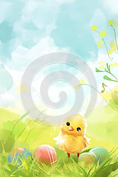 AI generated illustration of a baby chick exploring the grassy field amidst colorful Easter eggs