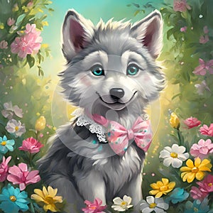 AI generated illustration of a baby grey wolf adorned with a stylish bow tie