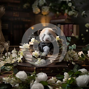 AI generated illustration of a baby panda sitting on a stack of books with flowers