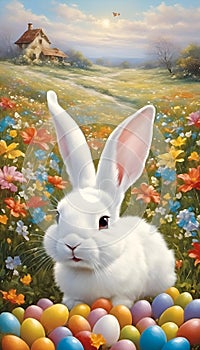 AI generated illustration of a baby rabbit finding an Easter egg in the midst of nature's rebirth