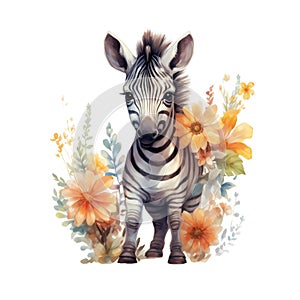 AI generated illustration of a baby zebra on a white background in watercolor