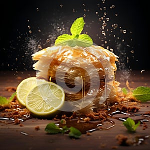 AI generated illustration of a baklava, layers of golden filo pastry and nutty bliss