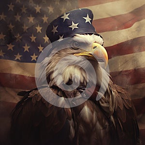 AI generated illustration of a Bald Eagle against an American Flag photo