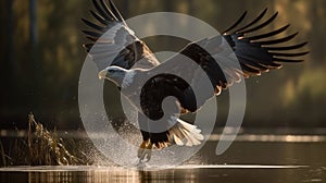 AI generated illustration of A bald eagle with its wings spread as it prepares to land on the lake