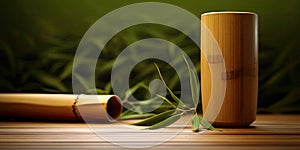 AI generated illustration of bamboo tumbler placed alongside bamboo culms and leaves