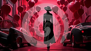 AI generated illustration of a Barbie dressed in black coat, walking in a pink street with balloons