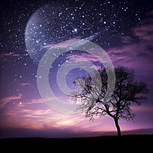 AI generated illustration of a bare tree silhouette under a purple starry night sky