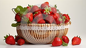 AI generated illustration of a basket filled with ripe red strawberries on a white background