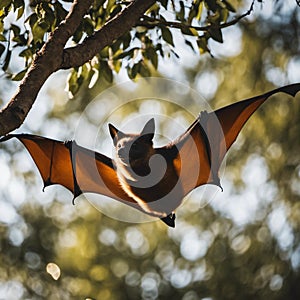 AI generated illustration of a bat flying from a tree branch against a forest backdrop