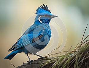 AI generated illustration of a beautiful blue bird perched on a wooden log bench