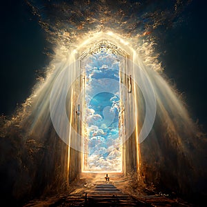 AI generated illustration of a beautiful flowing bright door in the dark leading to heaven