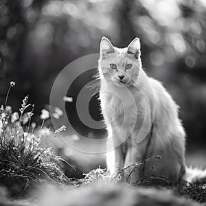 AI generated illustration of a beautiful gray and white cat sunbathing in a peaceful forest setting