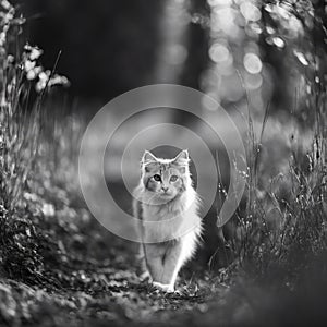 AI generated illustration of a beautiful gray and white cat sunbathing in a peaceful forest setting