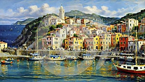 AI generated illustration of A beautiful painting of a tranquil harbor with several boats