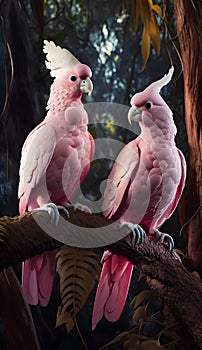 AI generated illustration of beautiful pink cockatoos perched on a tree branch