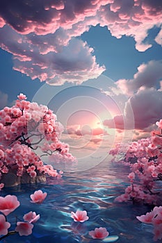 beautiful pink flowers floating under clouds near the ocean and water