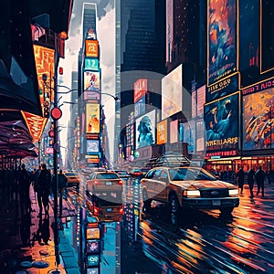 AI generated illustration of a beautiful rainy day with cars and people in Times Square, New York