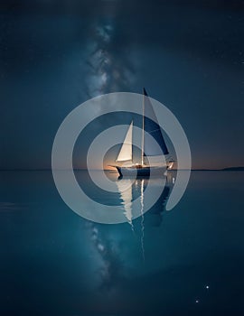 a sailing boat at night with the moon in the background