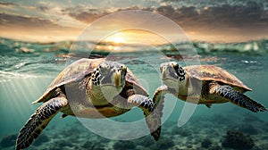 AI generated illustration of a beautiful scene of a sea turtle swimming in a sun-dappled ocean