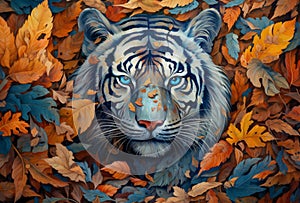 AI generated illustration of a beautiful tiger portrait in autumn leaves