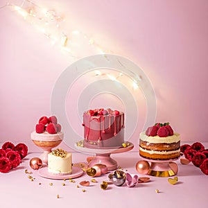 AI generated illustration of cakes and candles artfully arranged in a charming pink room