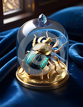 AI generated illustration of a beetle encased in a glass dome on a blue background