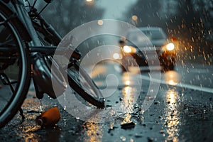 AI generated illustration of a bicycle accident on a poorly lit road in the rain