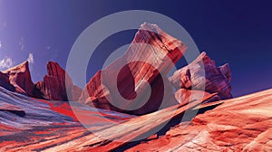 AI generated illustration of a big red boulder surrounded by red rocks and soil under a blue sky