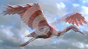 AI generated illustration of a bird with paper wings soaring under clouds in the sky