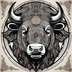 AI generated illustration of a bison with a stylized spiral eye on its forehead