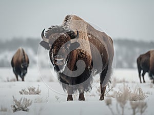 AI generated illustration of A bison walking in unison through a pristine snow-covered forest