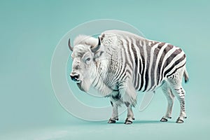 AI generated illustration of a bison with a zebra pattern against a blue background
