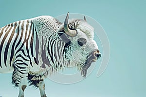 AI generated illustration of a bison with a zebra pattern against a blue background