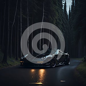 AI generated illustration of a black car parked on a dark forest road, illuminated by headlights