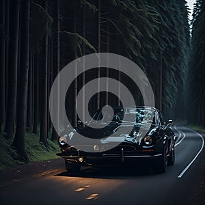 AI generated illustration of a black car parked on a dark forest road, illuminated by headlights