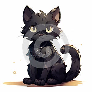 AI generated illustration of a black cartoon cat looking straight ahead on a white background